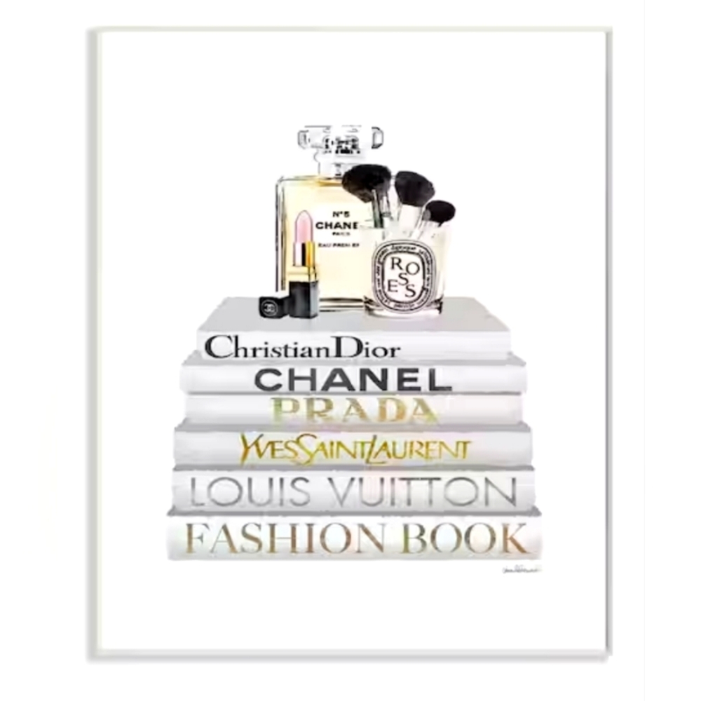 Fashion Designer Makeup Bookstack White Gold Wood Abstract Wall Art 15in…